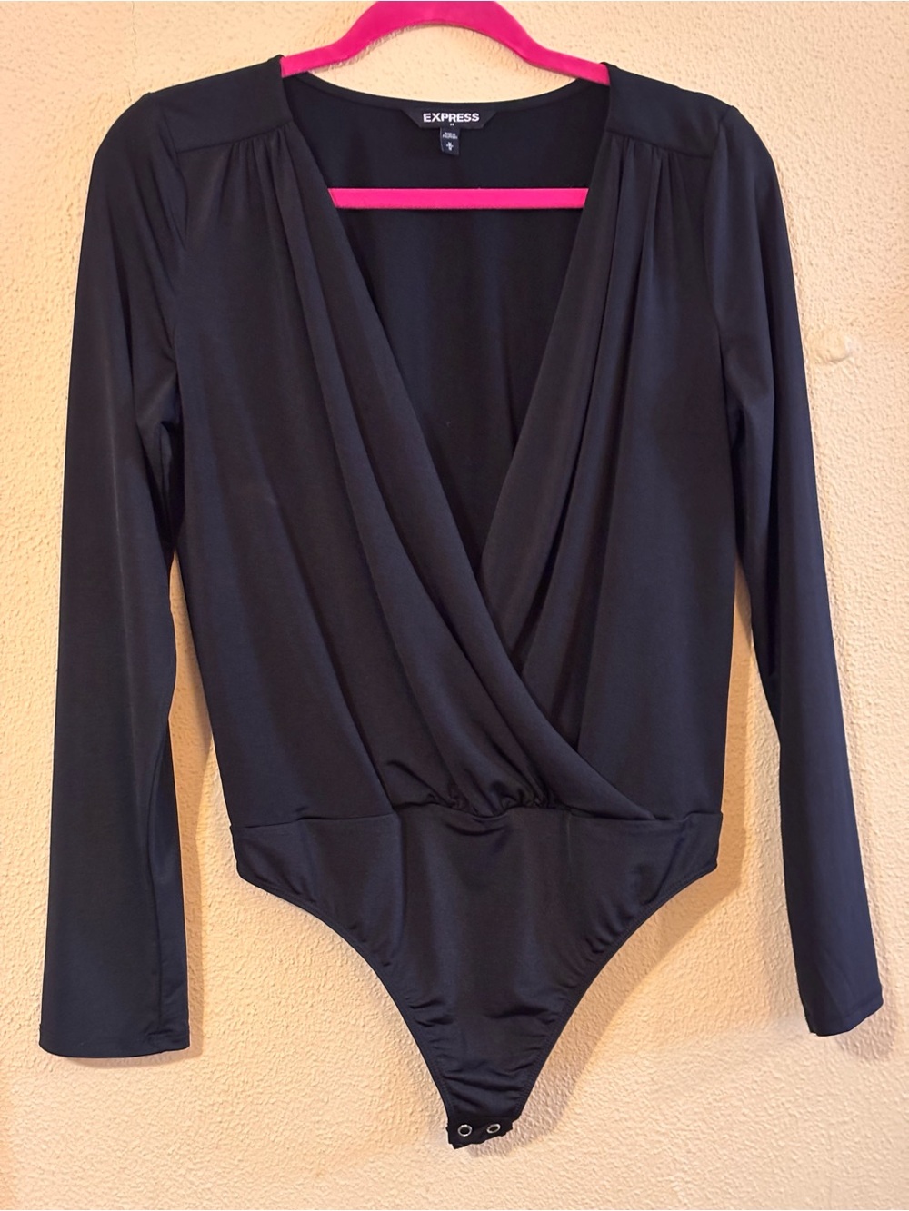 Express Medium Black Long Sleeve Surplice Wrap Bodysuit